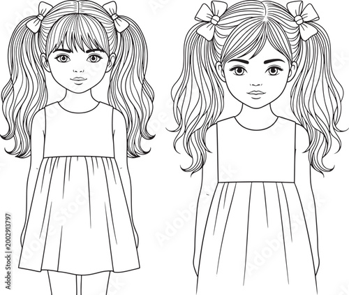 Two young girls in dresses with pigtails and bows detailed black and white line art hair accessories full body two children people illustration child illustration kid illustration girl illustr
