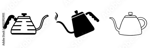 Photography Set of minimalist gooseneck kettle icons for pour-over coffee brewing