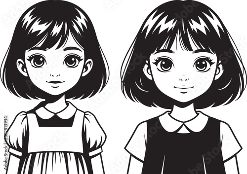Two anime style girls with bob haircuts illustration character portrait shoulders monochrome japanese hairstyle clothing