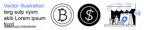 Cryptocurrency, online shopping, fintech, e-commerce, digital payments, healthcare retail. Bitcoin and dollar icons alongside an online pharmacy storefront with medical supplies. Cryptocurrency