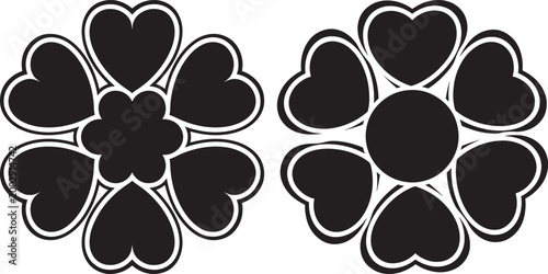 Two flower shapes with heart petals in black and white decoration stylized abstract creative botanical valentines greeting artistic illustration template isolated