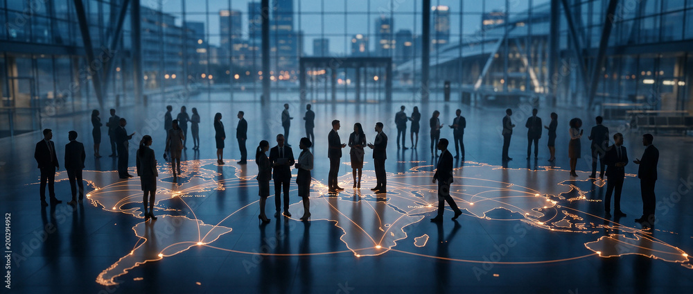 Fototapeta premium Global Business Network Connection with Silhouetted People in Modern Office.