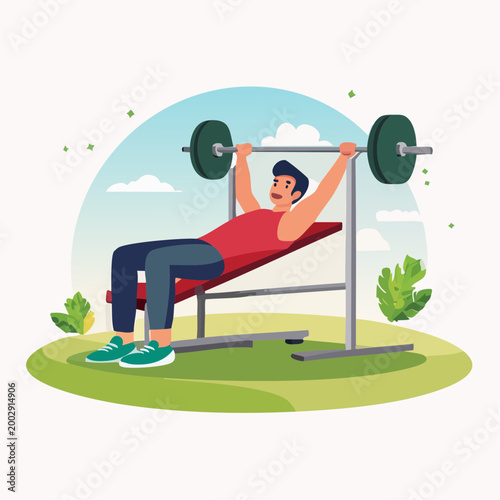 Man doing bench press exercise outdoors