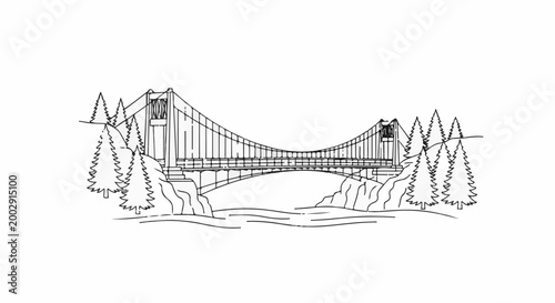 Sketch of a suspension bridge spanning a river between tree-lined rocky shores