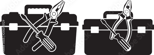 Toolbox with assorted tools pliers and screwdrivers hand tools black and white screwdrivers mechanical craftsmanship construction industry equipment silhouette illustration container