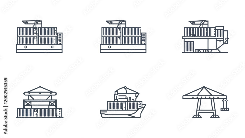 Fototapeta premium Shipping Containers Icon Set: A collection of various shipping container icons,depicting different modes of transport and cargo handling, perfect for illustrating global trade and logistics.