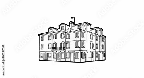 Sketch of an old, ornate, multi-story building with shutters and a balcony