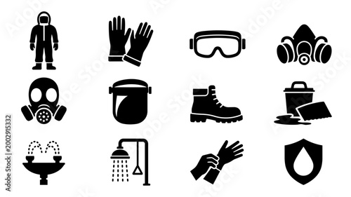 Chemical Safety and PPE Silhouette Icon Set – Hazmat Suit, Gloves, Mask, Industrial Protection Symbols
