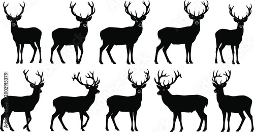 Black deer silhouette collection with majestic antlers set of ten buck stags standing in various poses isolated on white background for wildlife nature design