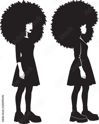 Silhouettes of two fashionable women with large afro hairstyles black and white silhouette hairstyle illustration side view creative cultural identity statement portrait standing
