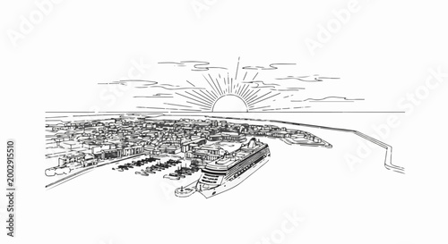 Sketch of a cruise ship docked in a harbor with a town and sunrise
