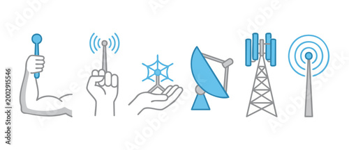 Telecommunication Icons Set Showing Signal Strength, Global Connectivity, and Wireless Technology Solutions with Satellite Dish and Network Towers for Digital Infrastructure and Internet Service Conce