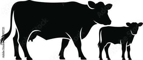 Black cow and calf silhouette isolated on white background, livestock farming concept, cattle mother with baby, dairy agriculture symbol, farm animal vector illustration