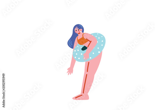 水着で浮き輪を持つ女性のイラスト