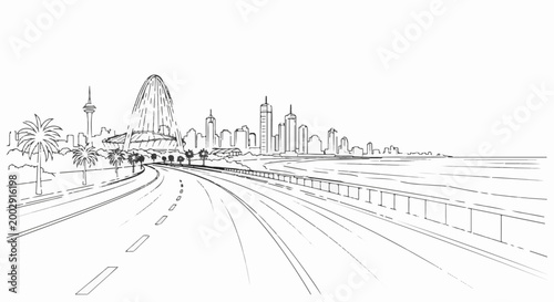 Sketch of a coastal highway leading to a city skyline with palm trees