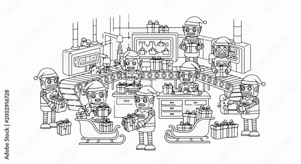 Obraz premium Robots in Santa hats assembling gifts on a factory conveyor belt