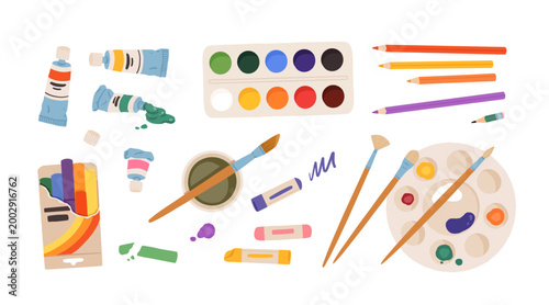 Flat vector set with art supplies, paint tubes, watercolor palette, colored pencils, brushes, chalk, crayon, artist tools for school