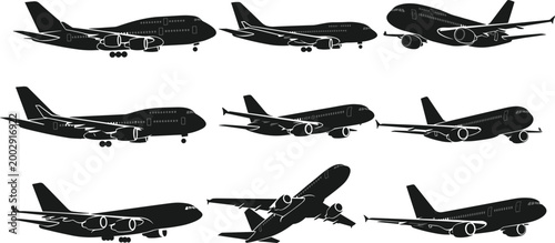 Black and white vector silhouettes set of commercial passenger airplanes and private jets in various flight positions for aviation travel and transportation industry design