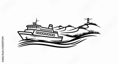 Ship on water near lighthouse on shore