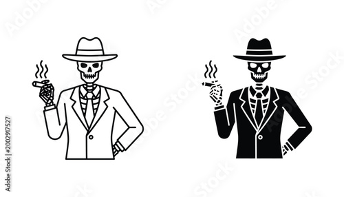 Smoking skeleton businessman character wearing a suit and fedora hat vector icon set for edgy brand identity or gothic themed graphic design elements in black and white flat style