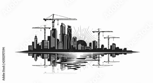 Silhouette cityscape with cranes, skyscrapers, and reflections