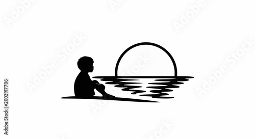 Silhouette of child sits facing a stylized sunset over water