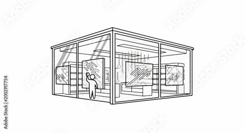 Simple illustration of a person interacting with art in a glass-walled gallery