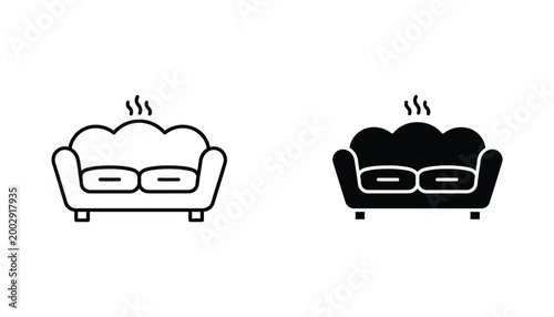 Comfortable couch furniture icons featuring minimalist line and solid black silhouette styles for interior design and home decor concepts