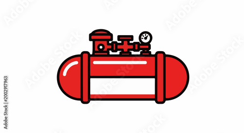 Red cylindrical tank with gauges and valves, industrial equipment illustration