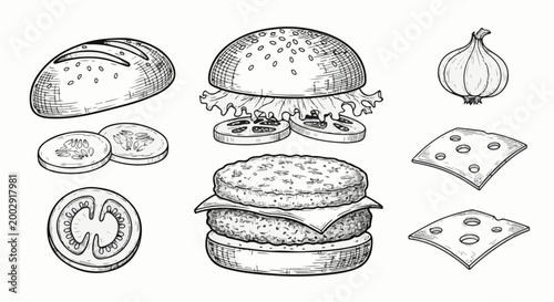 Sketch of ingredients for a hamburger including bun, patty, cheese, lettuce, tomato, onion and cucumber