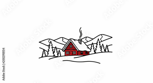 Red log cabin nestled among pine trees with snow-capped mountains