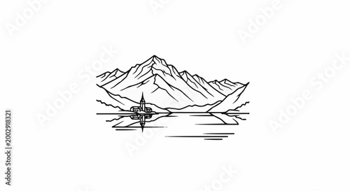 Sketch of mountain range with lake and village reflected
