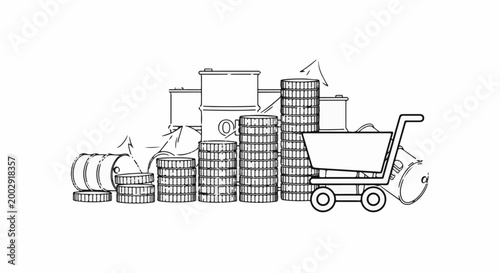 Sketch of oil barrels and stacked coins with a shopping cart