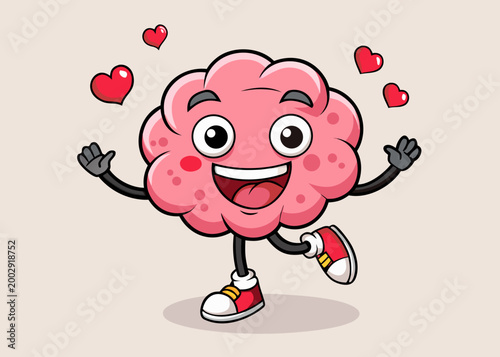 Cheerful anthropomorphic brain character dancing with red hearts illustration