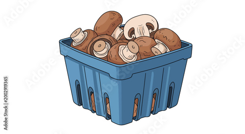 Brown mushrooms in blue plastic container with transparent background