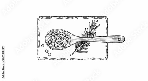 Sketch of white peppercorns in a wooden spoon with rosemary sprigs