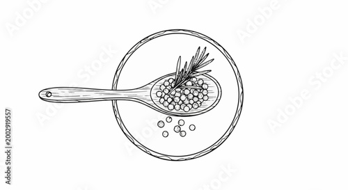 Sketch of wooden spoon with peppercorns and rosemary sprig on a plate