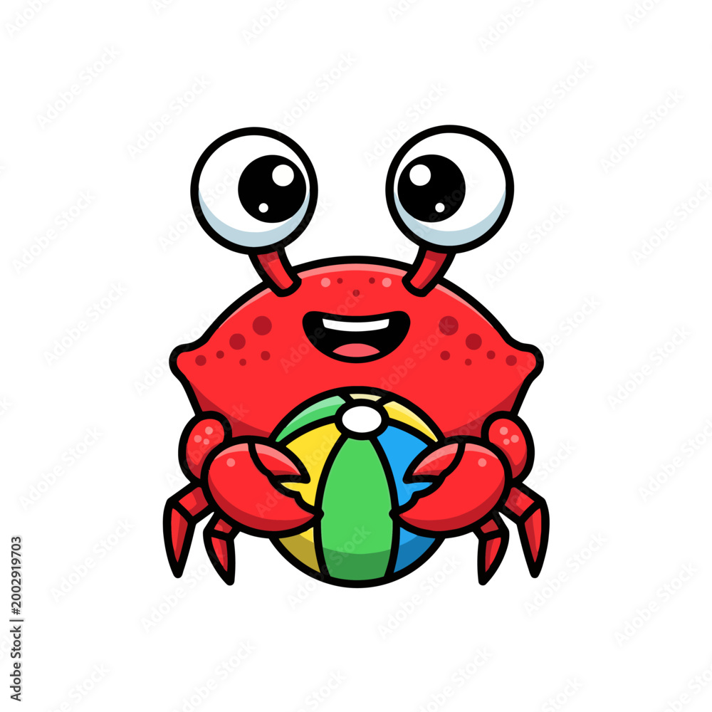 Fototapeta premium Cute cartoon crab holding a colorful beach ball.