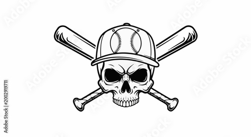 Skull wearing baseball cap with crossed bats