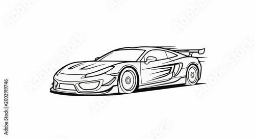 Sleek, low-profile racing car with large rear spoiler, depicted in black and white