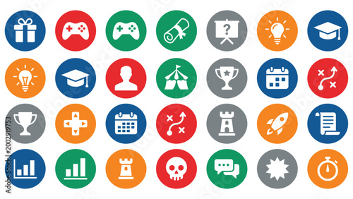 Foto Collection of colorful circular icons for games and education.