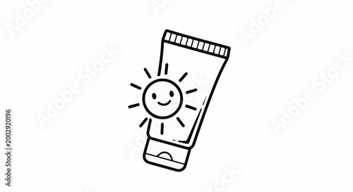 Simple line drawing of sunscreen tube with smiling sun