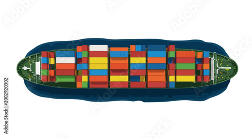 Aerial shot of a large container ship carrying colorful cargo boxes, traveling on the ocean with a flat, illustrative style, set against a clean white background to emphasize logistics