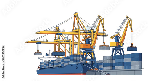 Detailed vector illustration showing container cranes loading cargo containers onto a large ship, with a clean white background, rendered in a flat, graphic style with bright, primary