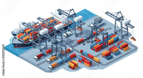 Isometric illustration showcasing a bustling container port with cargo ships, cranes, and trucks arranged in neat rows on a blue platform, rendered with a clean, modern style