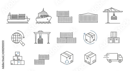 Linear vector icons illustrating global trade and logistics, featuring a cargo ship, containers, a crane, and delivery truck, all set against a clean white background with a minimalist