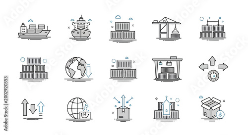 Collection of shipping icons depicting global trade logistics, including cargo ships, containers, and loading cranes, presented in a minimalist, flat design with a monochromatic color
