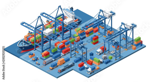Isometric illustration showcasing a bustling port with cargo ships, container cranes, and trucks efficiently moving vibrant shipping containers, rendered in a clean, vector style