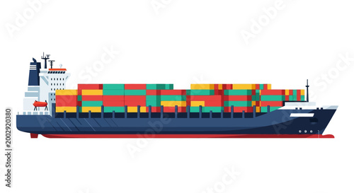 Side view illustration of a large container ship carrying colorful cargo boxes, depicted in a flat, vector style against a plain white background, showcasing global trade and maritime