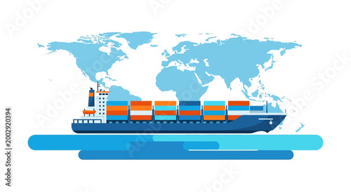 Stylized vector illustration of a container ship transporting cargo across the ocean, set against a blue and white world map backdrop, conveying a sense of global trade and maritime